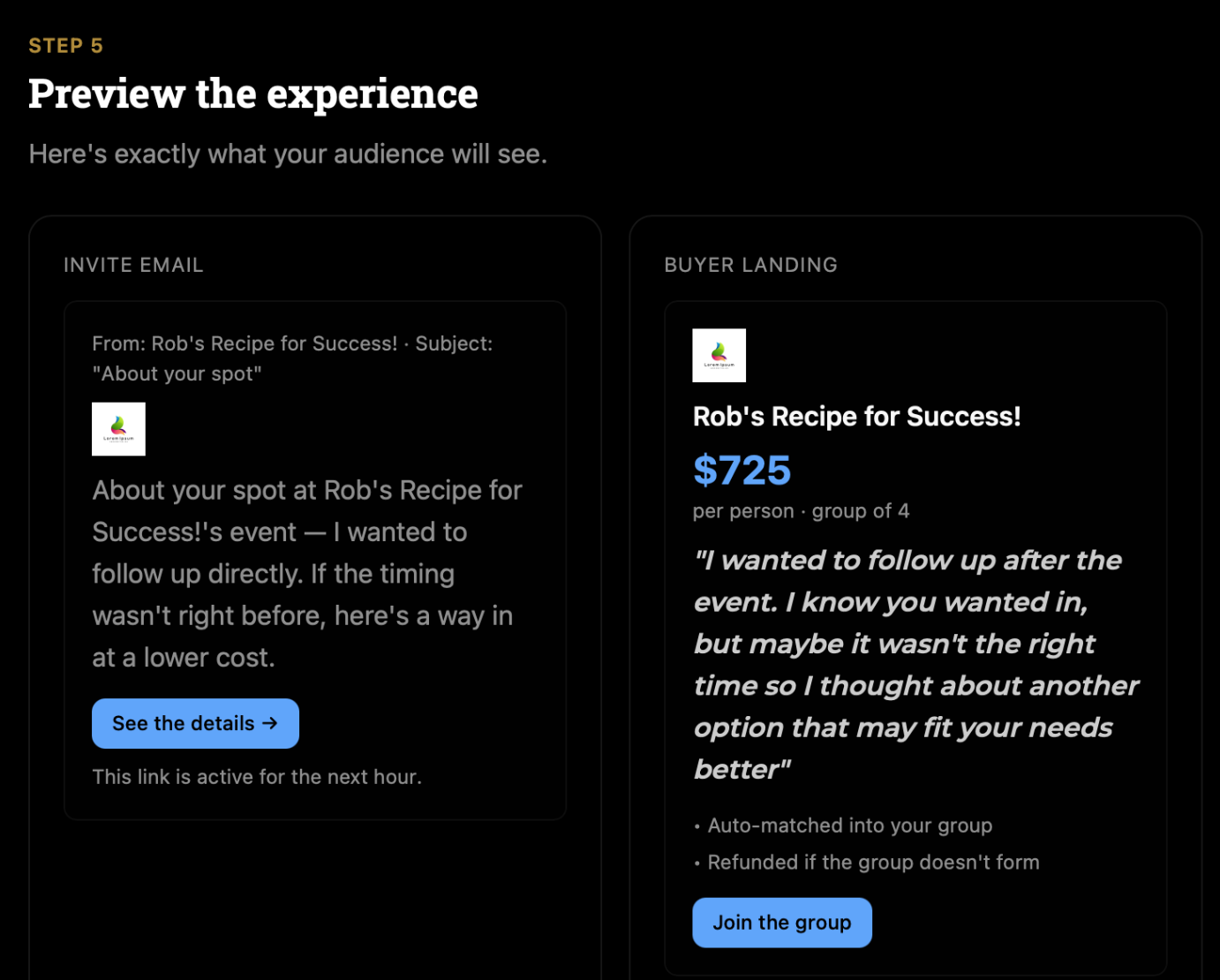 Preview experience showing the invite email and buyer landing page